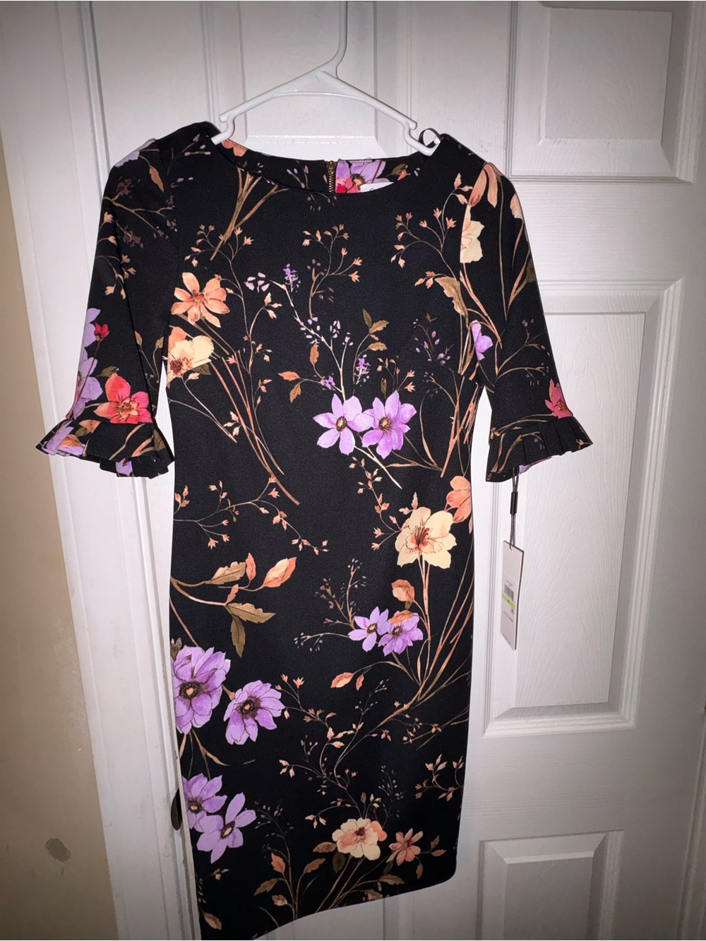 Calvin Klein Black Floral Midi Dress with Lavender and Peach Blooms